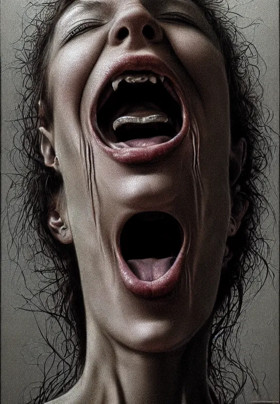 Image similar to ultra realist intricate detailed portrait of a single rugged attractive female screaming single mouth, full body, accurate features, apocalyptic, very intricate details, 8 k resolution, dim lighting, dramatic lighting, artstyle zdzisław beksinski, award winning