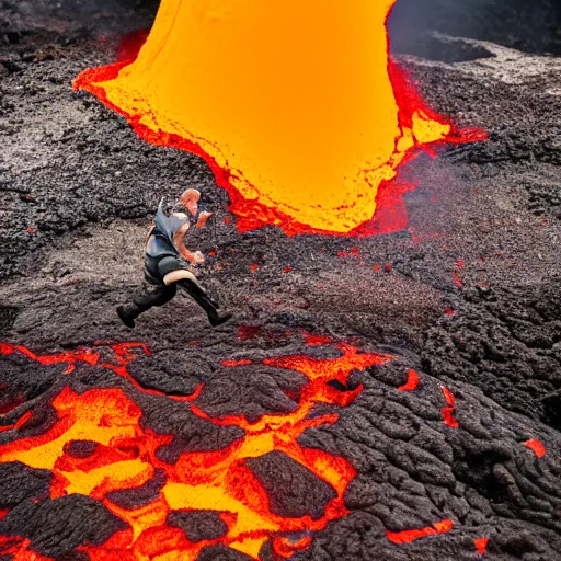 Image similar to elderly man jumping over a lava flow, jump, stunt, volcano, hot, eruption, magma, lava, canon eos r 3, f / 1. 4, iso 2 0 0, 1 / 1 6 0 s, 8 k, raw, unedited, symmetrical balance, wide angle