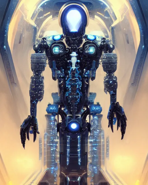 Image similar to benevolent cyborg necromancer, scifi, futuristic, helpful, kind, intelligent, alien room background, white, blue, gold, highly detailed, trending on artstation, soft light, holy machine, advanced technology, art by vitaly bulgarov and nivanh chanthara and lance wilkinson