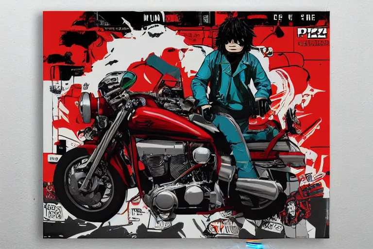 Image similar to pizza the hut, akira's motorcycle, gorillaz, poster, high quality