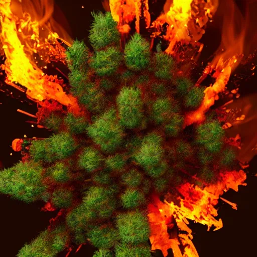 Prompt: exploding weed, fire, explosions, marijuana, fire, explosion render, 8k, trending on art station, 3D