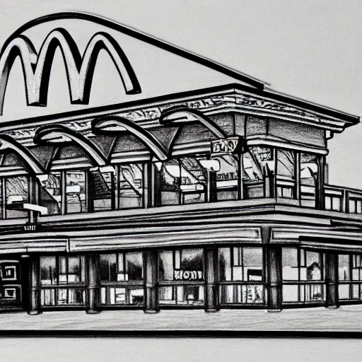Image similar to drawing of mcdonalds restaurant building, highly detailed, smooth, sharp focus, drawing by m. c. escher
