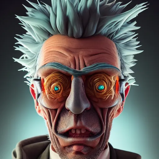 Prompt: apocalyptic rick sanchez portrait with twisted ribbed face by rutkowsky and charles vess and james jean and erik jones and rhads, baroque, 3 d octane render, beautiful fine face features, intricate high details, sharp, ultradetailed