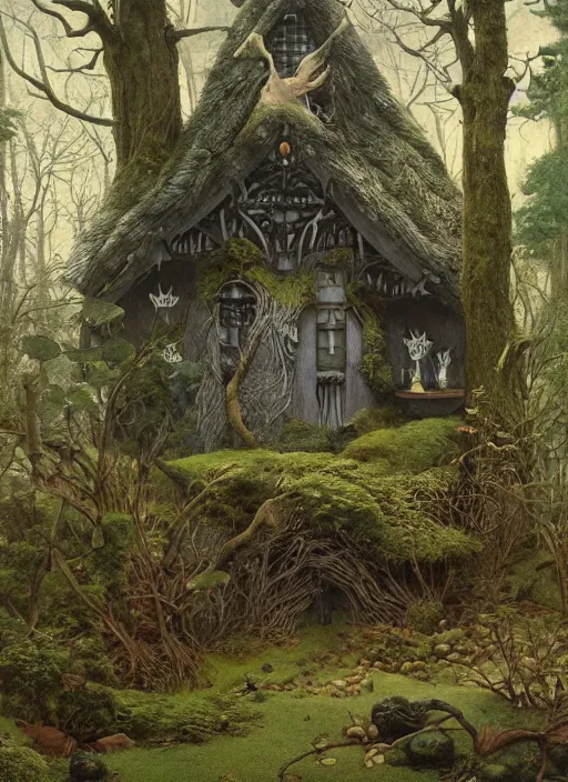 Image similar to hyper realistic witch cottage japanese shrine in the woods gorgeous lighting, highly detailed, lush forest painting by zdzisław beksinski and norman rockwell and greg rutkowskiweta studio, and lucasfilm