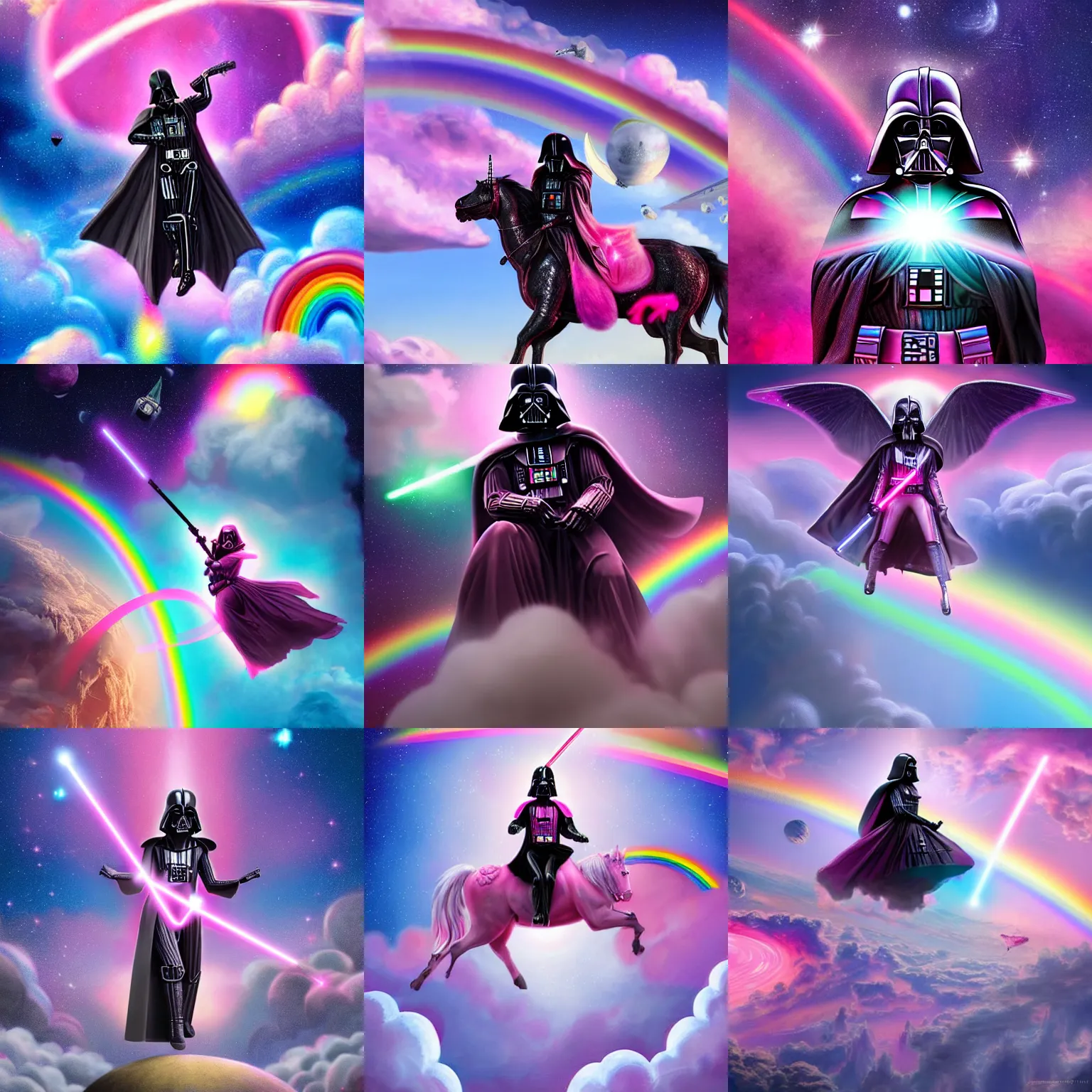 Prompt: highly detailed realistic beautiful matte painting of a pink darth vader wearing pink riding a unicorn over a rainbow in space by lisa frank, unreal engine, concept art, CGsociety, trending on artstation