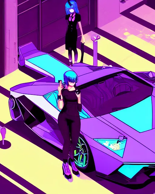 Image similar to digital illustration of cyberpunk pretty girl with blue hair, standing in front of a purple lamborghini, in city street at night, by makoto shinkai, ilya kuvshinov, lois van baarle, rossdraws, basquiat