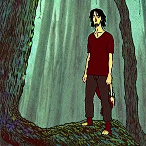 Image similar to a still of keanu reeves in princess mononoke ( 1 9 9 7 ) studio ghibli art style. hayao miyazaki imagination