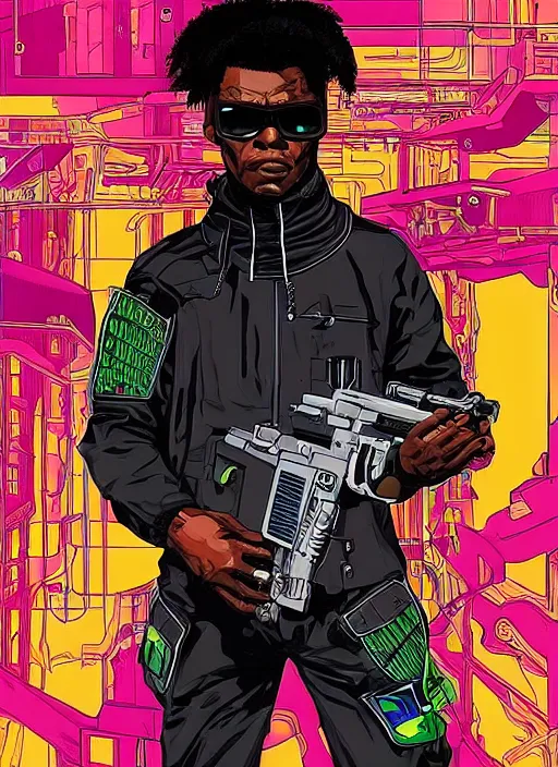 Image similar to chidi igwe. cyberpunk hacker in tactical jumpsuit. portrait illustration, pop art, splash painting, art by geof darrow, ashley wood, alphonse mucha, makoto shinkai