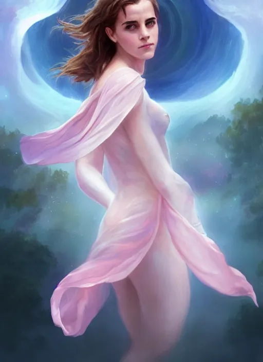 Image similar to emma watson as nature magic celestial, superman pose, long hair, soft pink and white transparent cloth, space, D&D, shiny background, intricate, elegant, highly detailed, digital painting, artstation, concept art, smooth, sharp focus, illustration, artgerm, bouguereau