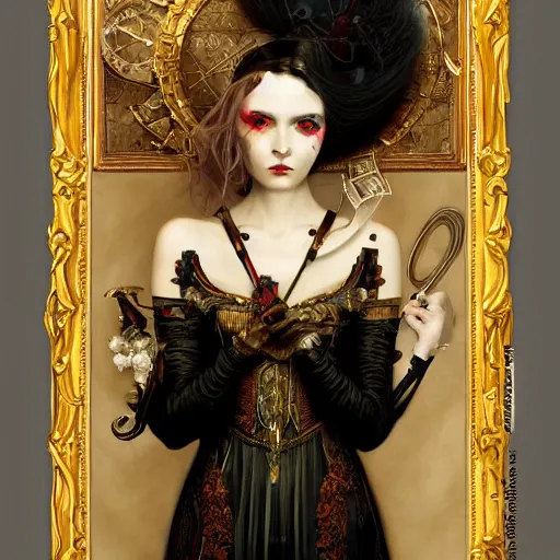 Prompt: tom bagshaw, soft painting of a curiosities carnival steampunk, beautiful young aristocrat blessing sword in full dress, perfectly detailed, symmetrical accurate intricate sensual features, highly detailed, artstation, sharp focus