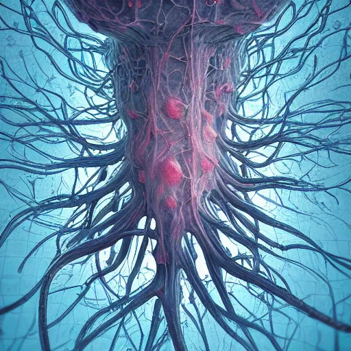 Image similar to internal lymphocyte virion rawandrendered synaptic physarum fractality transmission embryonic beholder glial neurons cyberpunk nerve cells microscopic tidepool mandelbulb plankton by wojtekfus facey rossdraws. neuronal c 4 d neuroscience wallpaper abstraction neurone synapse by beksinski. # imaginativerealism