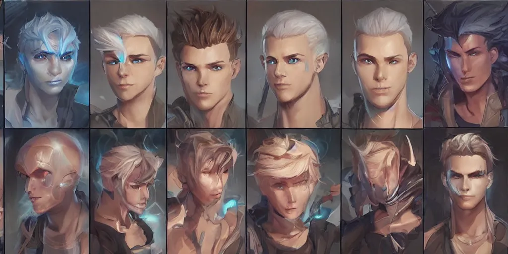 Image similar to concept art of young male netrunner d & d video game characters head designs, unique hair designs, by marc brunet and artgerm