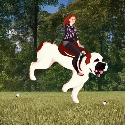 Image similar to girl riding a giant saint Bernard at the park catching a frisbee, trending on artstation