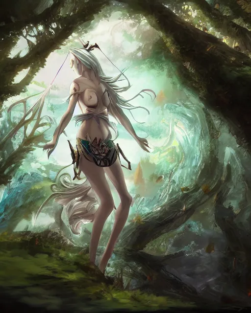 Image similar to an anime landscape of a royal merfolk from magic the gathering wearing a royal garments, near a mystical forest from skyrim, by stanley artgerm lau, wlop, rossdraws, james jean, andrei riabovitchev, marc simonetti, and sakimichan, trending on artstation