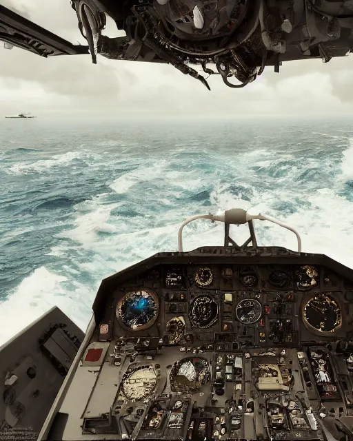 Image similar to view from an aircraft carrier of stormy seas, stormy weather, unreal engine, hyper realism, realistic shading, cinematic composition, realistic render, octane render, detailed textures, photorealistic, ultrawide shot, 16mm lens