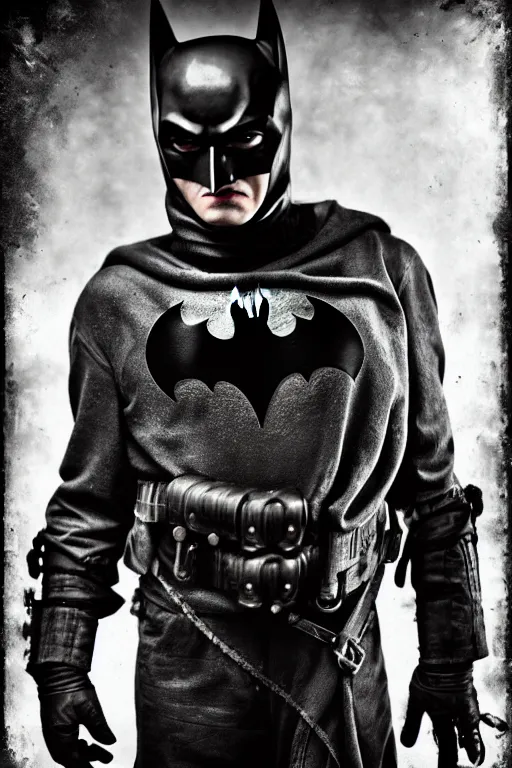 Prompt: a wet plate photograph of Dieselpunk Batman