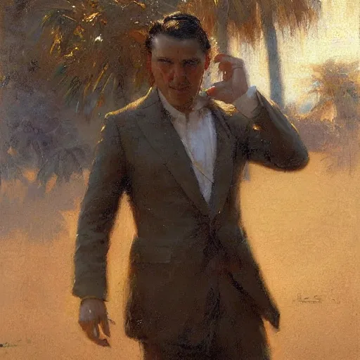 Image similar to a man with a slicked back haircut, painting by Gaston Bussiere, Craig Mullins