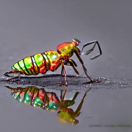 Image similar to insects made of iridescent water, macro, sharp focus