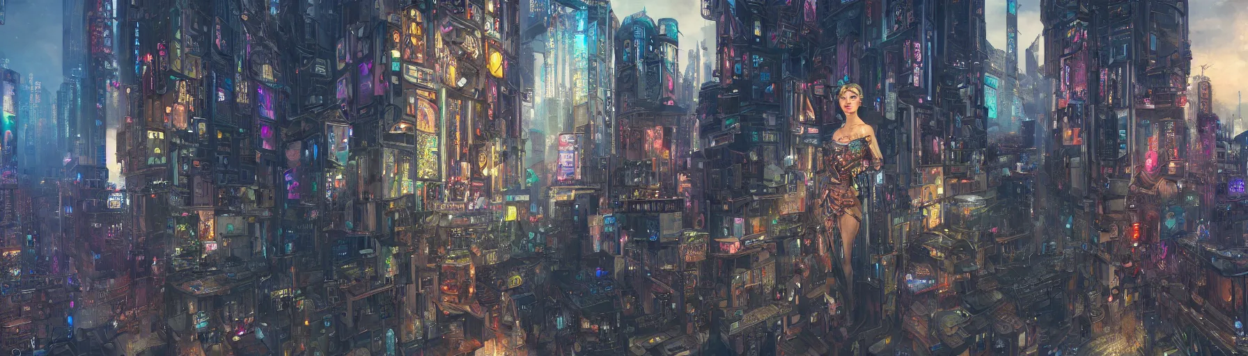 Image similar to a big life-like hologram of a beautiful young woman in the middle of the city centre of a futuristic cyberpunk city, street view, Warhammer, highly detailed, artstation, illustration, art by Gustav Klimt