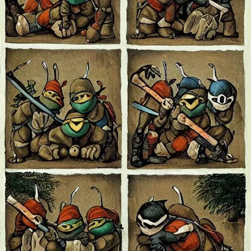 Prompt: Teenage Mutant Ninja Turtles in the style of Hieronymus Bosch