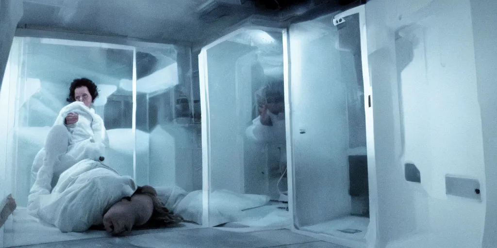 Image similar to a wide shot of Ripley sleeping inside an all-white room of cryogenic sleep chambers by Ridley Scott, Alien movie, grainy, bluish and cream tones