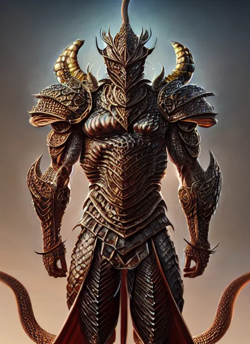 Image similar to intricate ornate armor!! muscular and tall humanoid dragon!!!! draconian!! character concept art, sharp focus, octane render! unreal engine 5! highly rendered!! trending on artstation!! detailed linework!! illustration by artgerm, wlop, and chie yoshii