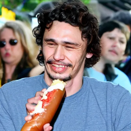 Prompt: James Franco eating a hotdog