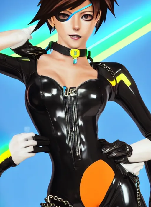 Image similar to full body digital artwork of tracer overwatch, wearing black iridescent rainbow latex swimsuit, 4 k, expressive happy smug expression, makeup, in style of mark arian, wearing detailed black leather collar, wearing chains, black leather harness, leather cuffs around wrists, detailed face and eyes,