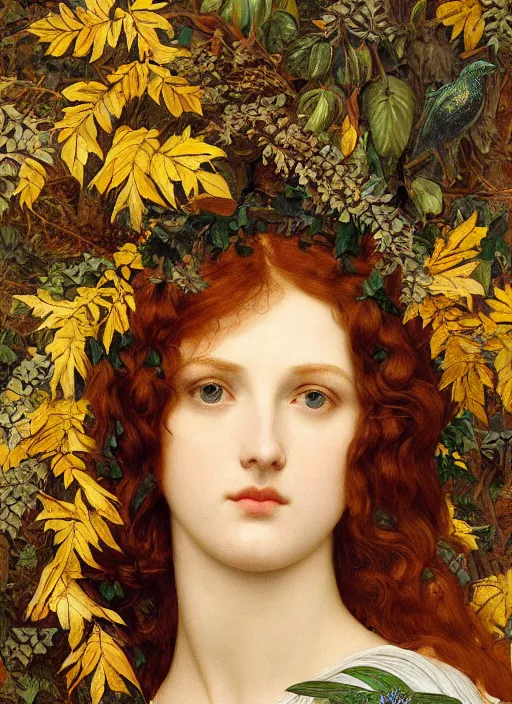 Prompt: masterpiece beautiful seductive flowing curves preraphaelite face portrait amongst leaves, extreme close up shot, straight bangs, thick set features, yellow ochre ornate medieval dress, magpie, amongst foliage mushroom forest circle arch framing, frederic leighton and kilian eng and rosetti, 4 k
