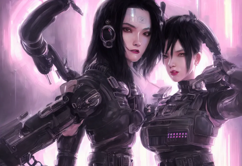 Prompt: portrait black hair of futuristic symmetrical face female police, black armored uniform, tatoo, at rooftop futuristic cyberpunk feel tokyo, ssci - fi and fantasy, neon light, intricate and very very beautiful, digital painting, artstation, concept art, smooth and sharp focus, illustration, art by tian zi and wlop and alphonse mucha, frostbite engine