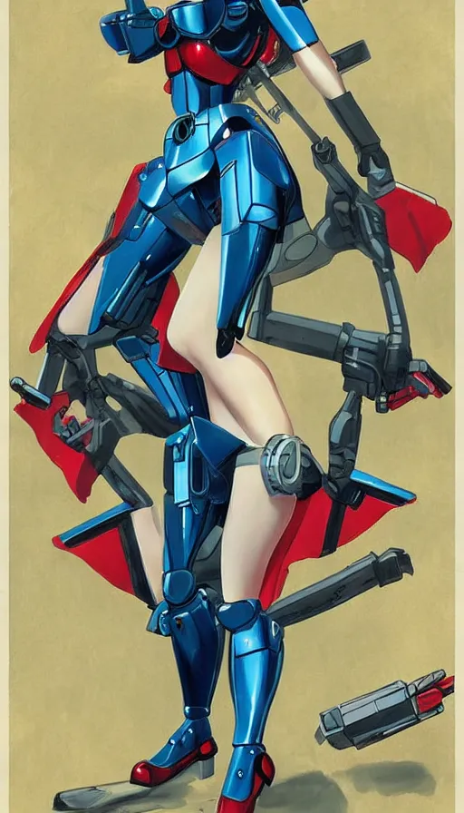 Image similar to full body cyberpunk beautiful woman, on a gundam, in the style of a 1 9 4 0 s oil painted pin - up