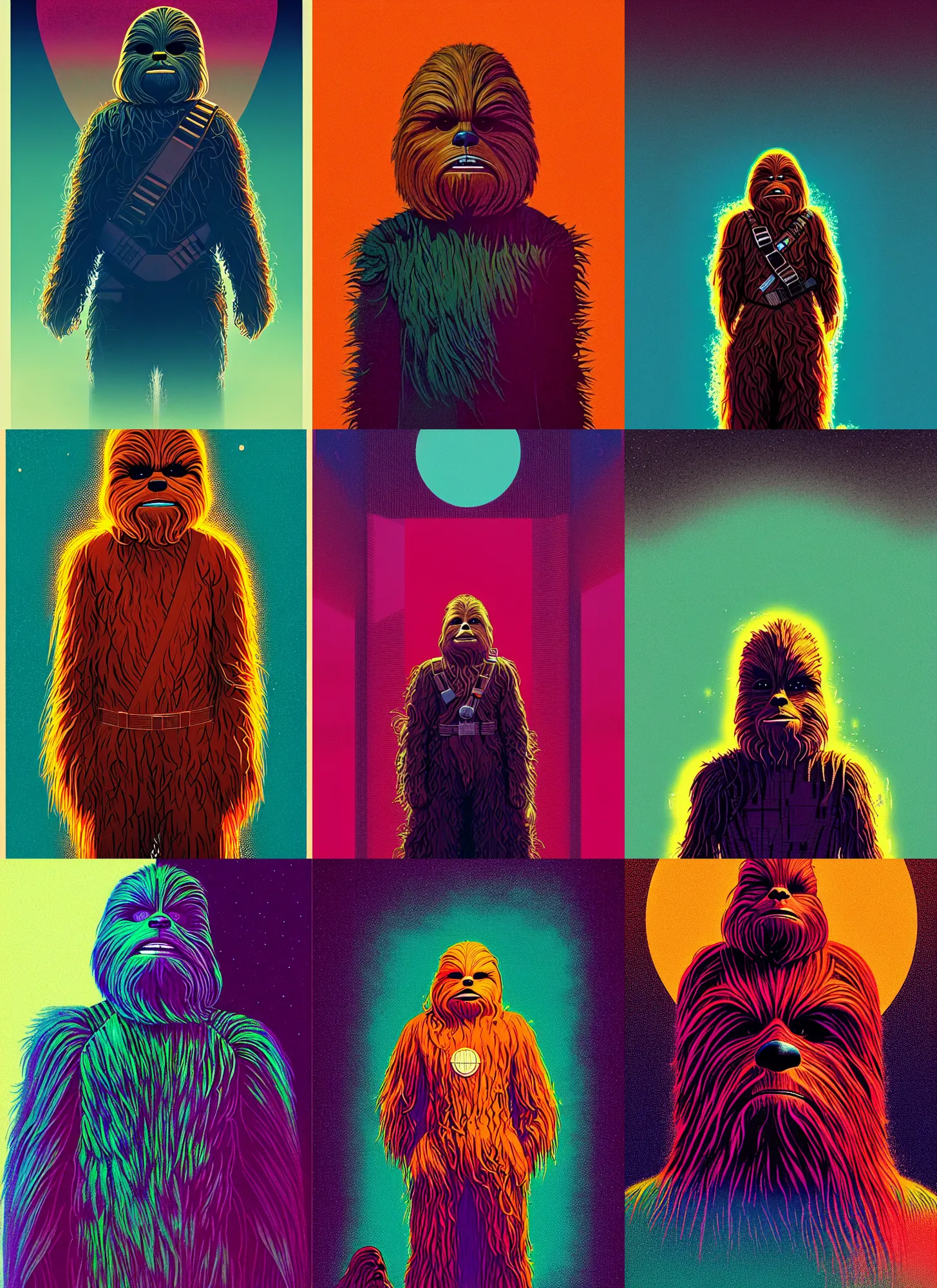 Prompt: ( ( dither ) ), editorial illustration of chewbacca, modern art deco, colorful, ( ( mads berg ) ), christopher balaskas, victo ngai, rich grainy texture, detailed, dynamic composition, wide angle, moebius, matte print