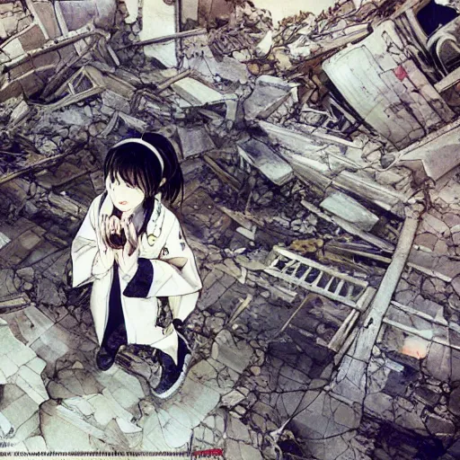 Prompt: cute japanese girl with small horns, dressed in an old white coat, praying on the floor of a destroyed church, with an elegant smile, view from above, detailed artwork by Yoji Shinkawa and Katsuhiro Otomo