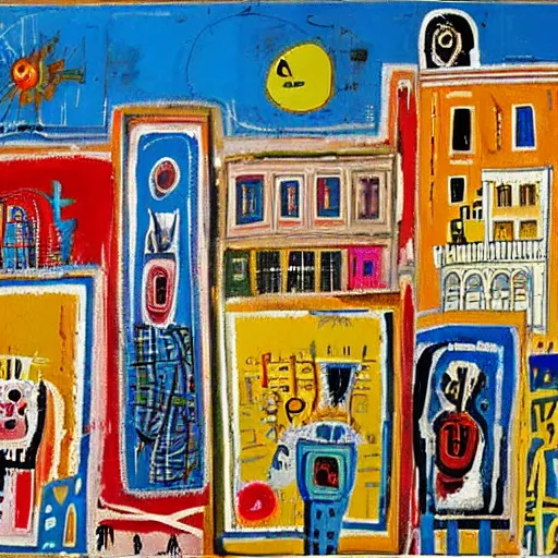 Prompt: beautiful Mediterranean old town with lots of flowes by the seaside by Jean-Michel Basquiat