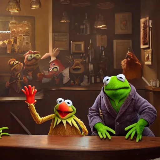 Image similar to the muppets getting in a bar fight, ultra realistic, concept art, intricate details, highly detailed, photorealistic, octane render, 8 k, unreal engine. art by boris vallejo