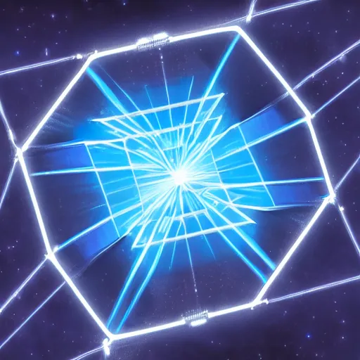 Prompt: a photograph of a rotating blue tesseract in the middle of the screen, stars in the background