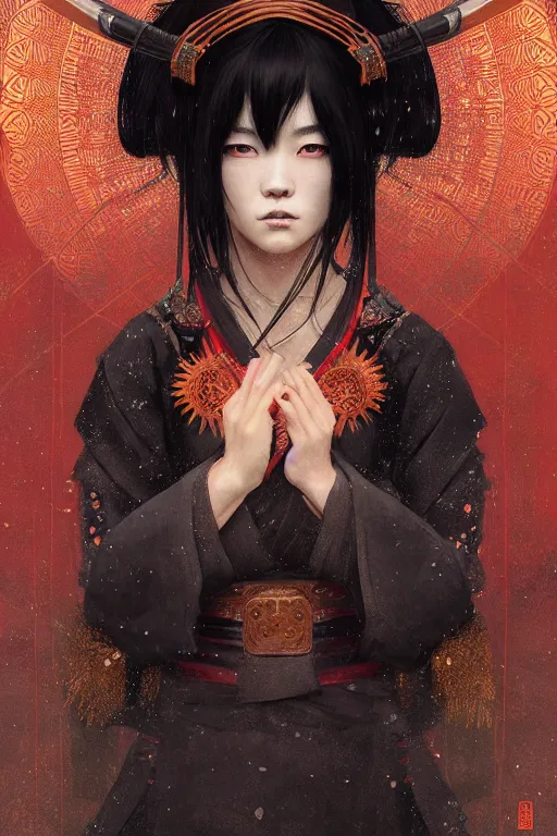 Prompt: portrait black hair samurai warrior girl, in ruin fire rainy honnoji temple night, ssci - fi and fantasy, intricate and very very beautiful and elegant, highly detailed, digital painting, artstation, concept art, smooth and sharp focus, illustration, art by tian zi and wlop and alphonse mucha