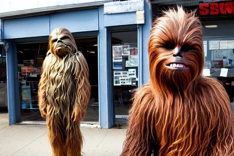 Image similar to chewbacca wearing a weave in front of a pawn shop