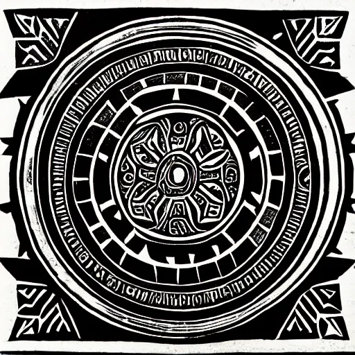 Image similar to aztec mandala, woodcut