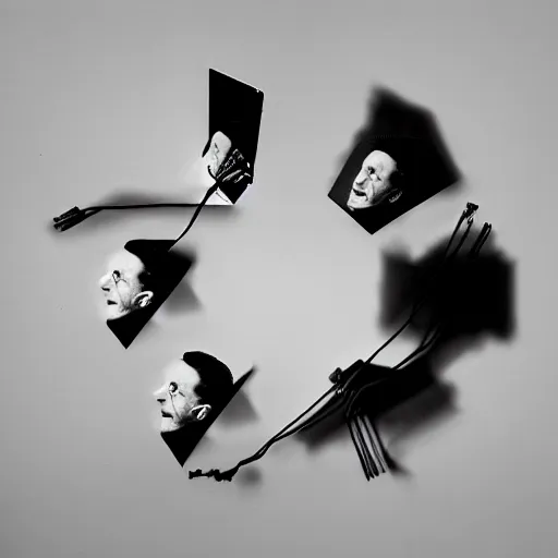 Prompt: a minimalist portrait of Marcel Duchamp holding computer cables in the style of Annie Leibovitz, Irving Penn, Hito Steyerl, Akira Kurosawa, Shinya Tsukamoto, wide angle, monochrome, futuristic tetsuo