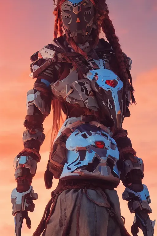 Image similar to combination suit armor aloy horizon forbidden west horizon zero dawn robot ninja mask helmet backpack tribal, aesthetic octane render, 8 k hd resolution, by ilya kuvshinov and cushart krentz and gilleard james radiating a glowing aura cgi rtx 2 0 2 2