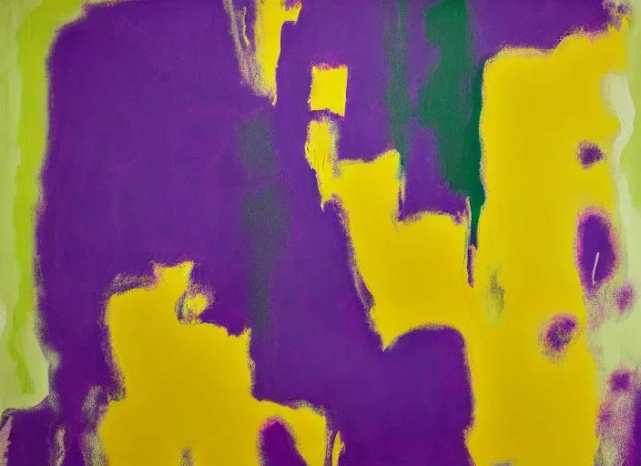 Prompt: minimalistic abstract painting in purple, yellow, dark green, beige, by hernan bas and pat steir and helene frankenthaler and hilma af klint, psychological, photorealistic, dripping paint, washy brush, oil on canvas, rendered in octane, altermodern, masterpiece