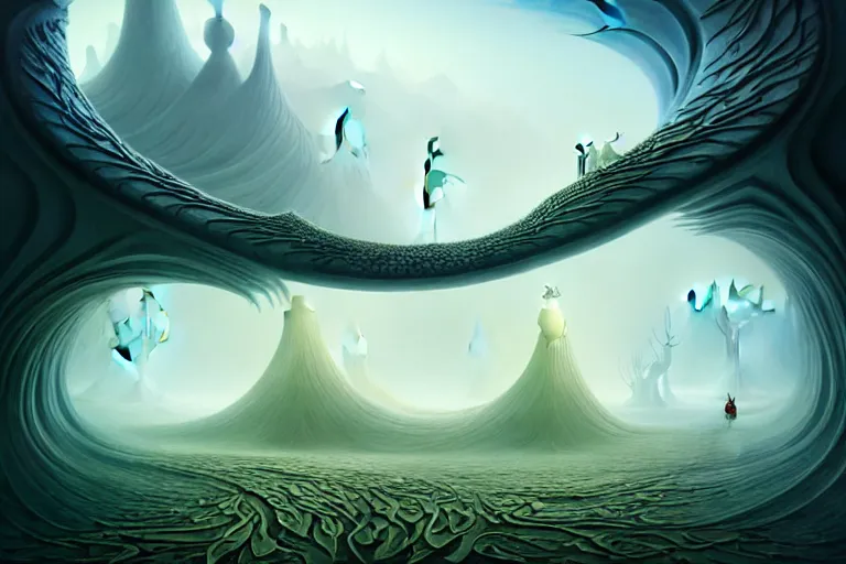 Image similar to an epic elegant mysterious beguiling masterpiece fantasy matte painting of an impossible path winding through arctic dream worlds with surreal architecture designed by heironymous bosch, structures inspired by heironymous bosch's garden of earthly delights, surreal ice interiors by cyril rolando and asher durand and natalie shau, insanely detailed, whimsical, intricate, sharp focus, elite