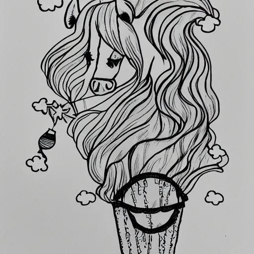 Image similar to unicorn with a smirk popping balloons with its horn, black ink on paper