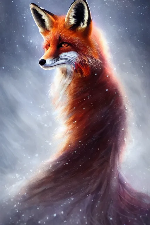 Prompt: majestic and regal portrait of a beautiful young female fox lady!!, fox ears, tail, intricate, epic, elegant, menacing, fantasy, highly detailed, digital painting, hard focus, beautiful volumetric lighting, epic light, ultra detailed, souls, smoke, by leesha hannigan, ross tran, thierry doizon, kai carpenter, ignacio fernandez rios