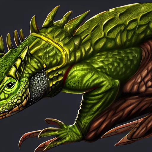 Prompt: full portrait of a lizard wearing rogue armor, Lizardman thief, D&D, fantasy setting, digital painting, highly detailed, concept armor, sharp focus