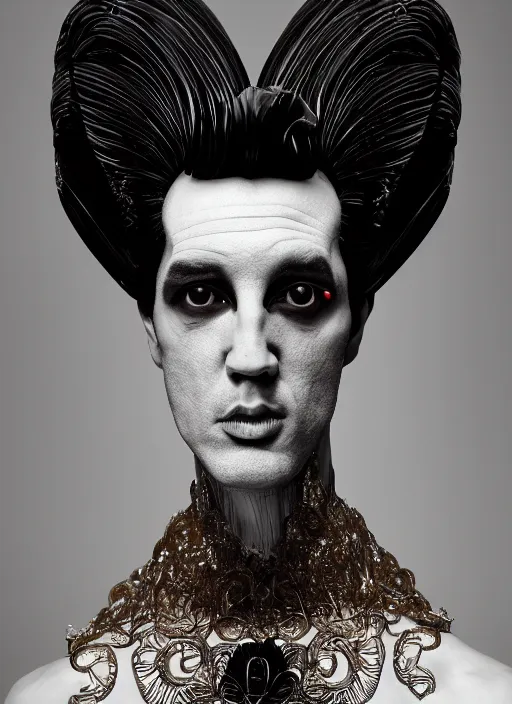 Prompt: a portrait of elvis by gilles berquet, serge lutens, iris van herpen, photorealistic, intricate details, hyper realistic, dark fantasy, rococo dark smoked glass headpiece, onyx, photorealistic, canon r 3, photography, symmetrical features, symmetrical pose, wide angle shot, head to toe, standing pose, feet on the ground,