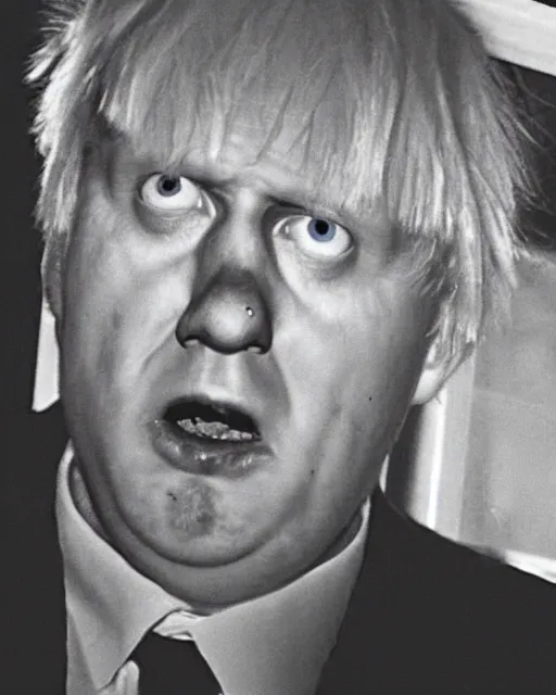 Prompt: dark still from cctv of a horror monster looking like boris johnson