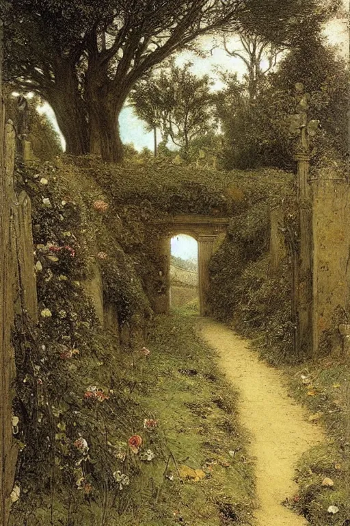 Image similar to english manchester cemetery, path towards church, dark, overgrown, weeds and ivy on the graves, an old twisted tree, a tall stone wall, lawrence alma-tadema