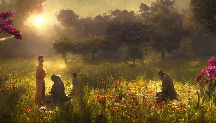 Image similar to craig mullins digital illustration of a man in robes kneels and prays in a field of flowers, the sun's holy light shines down upon him, colorful, solarpunk, unreal engine, hyper realism, realistic shading, cinematic composition, realistic render, octane render, detailed textures, photorealistic, wide shot